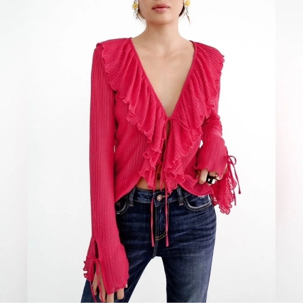 Zara - Bright Hot Pink Sheer Ruffle Tie Front Long Sleeve Blouse Size Small